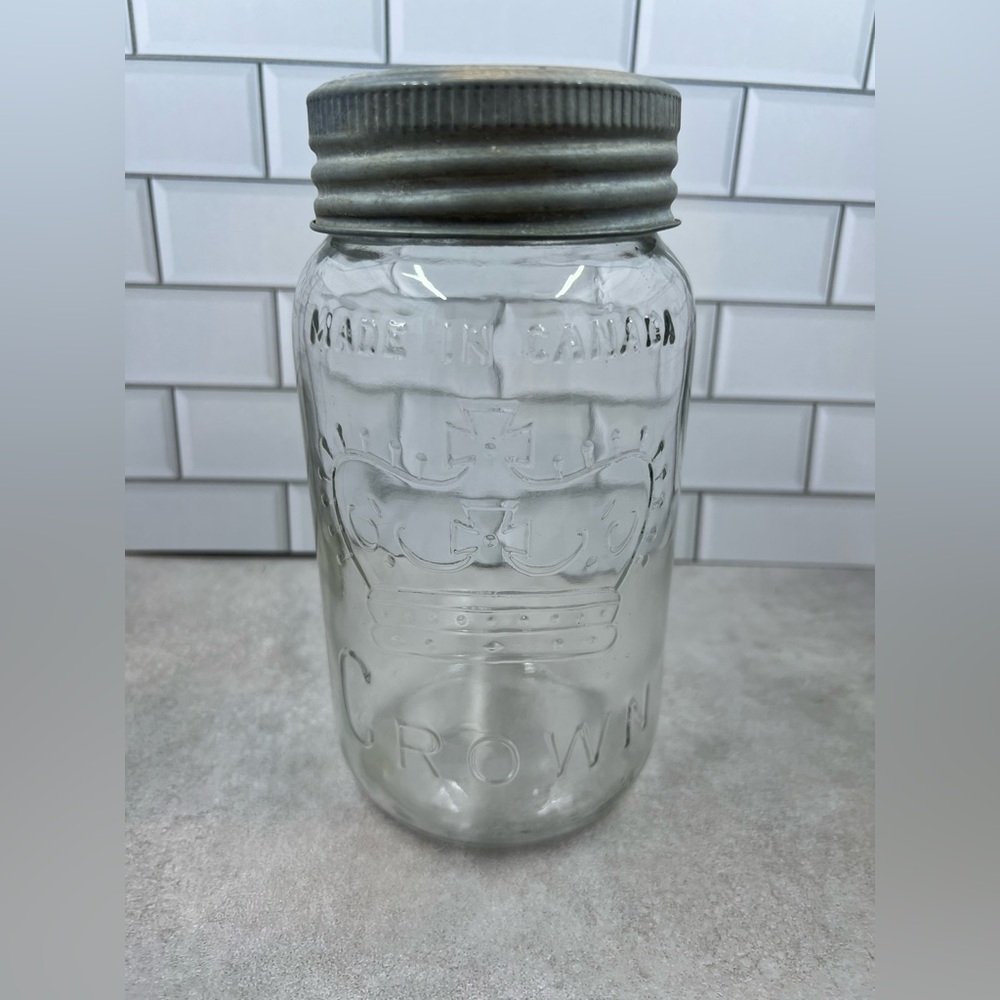 Crown Vintage Clear Glass Storage Jar with Silver Lid (flaw)